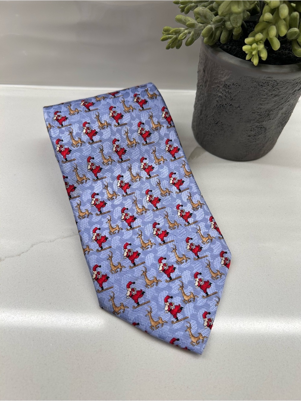 Ermenegildo Zegna 100% Silk Santa Reindeer Christmas Tie Blue Novelty 57” #463